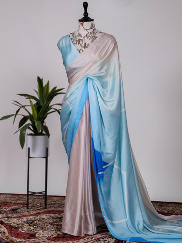 Sky Blue Color Digital Printed Japan Satin Silk Saree.