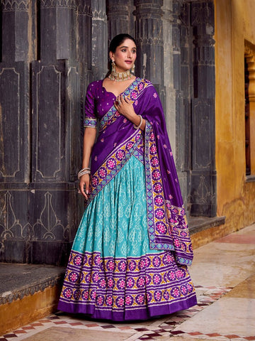 Sky Blue Color Ikkat Patola Printed Tasar Silk Lehenga Choli - women's fashion mart