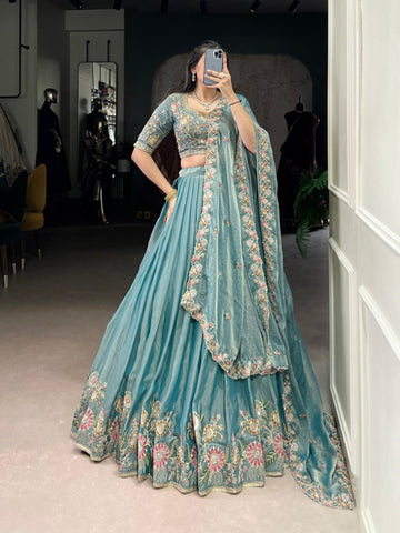 Sky Blue Color Sequince And Thread Embroidery Work Zari Shimmer Lehenga Choli - women's fashion mart