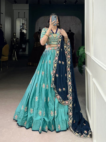 Sky Blue Color Sequins And Thread Embroidery Work Slab Silk Lehenga Choli - women's fashion mart