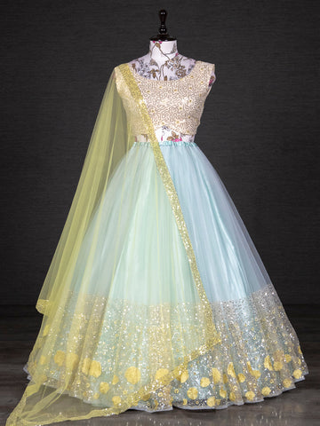 Sky Blue Color Sequins Embroidery Work Net Lehenga Choli With Dupatta