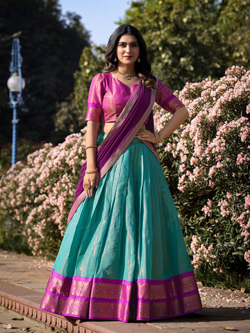Sky Blue Color Zari Weaving Work Kanchipuram Women Lehenga Choli - women's fashion mart
