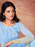 Sky Blue Embroidered Full Sleeve Sharara Suit - women's fashion mart