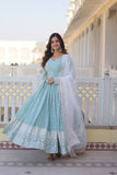 Sky Blue Faux Georgette Thread Sequins Embroidered Gown - women's fashion mart