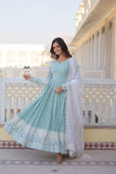 Sky Blue Faux Georgette Thread Sequins Embroidered Gown - women's fashion mart