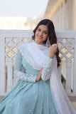 Sky Blue Faux Georgette Thread Sequins Embroidered Gown - women's fashion mart