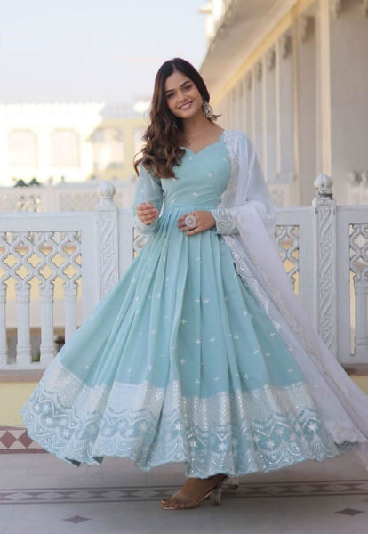 Sky Blue Faux Georgette Thread Sequins Embroidered Gown - women's fashion mart