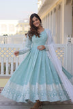 Sky Blue Faux Georgette Thread Sequins Embroidered Gown - women's fashion mart