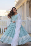 Sky Blue Faux Georgette Thread Sequins Embroidered Gown - women's fashion mart