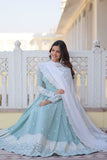 Sky Blue Faux Georgette Thread Sequins Embroidered Gown - women's fashion mart