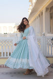 Sky Blue Faux Georgette Thread Sequins Embroidered Gown - women's fashion mart