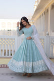 Sky Blue Faux Georgette Thread Sequins Embroidered Gown - women's fashion mart