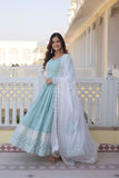 Sky Blue Faux Georgette Thread Sequins Embroidered Gown - women's fashion mart