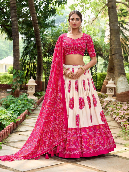 Pink Color Bandhej Printed Tussar Silk Indian Lehenga Choli -lehenga choli online Unstitched / Semi-Stitched / Semi-Stitched women's fashion mart
