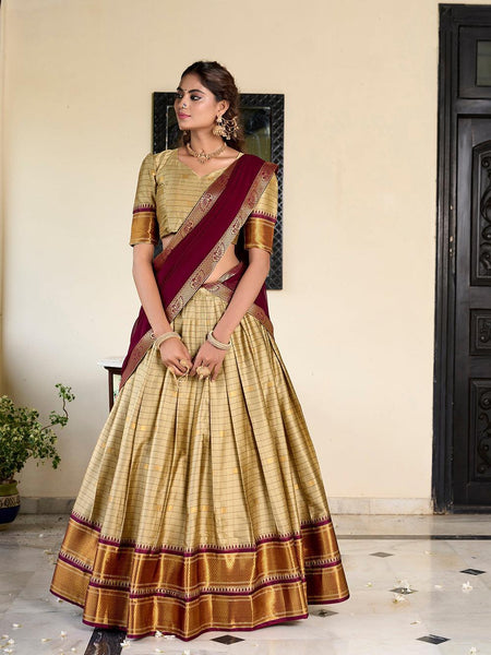 Chiku Color Weaving Work With Paithani Concept Cotton Silk Lehenga Choli -paithani style Unstitched / Semi-Stitched / Semi-Stitched women's fashion mart