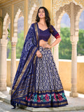 Navy Blue Color Ikkat Print With Foil Work Tussar Silk Lehenga Choli - women's fashion mart