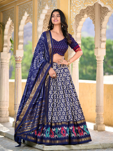 Navy Blue Color Ikkat Print With Foil Work Tussar Silk Lehenga Choli - women's fashion mart