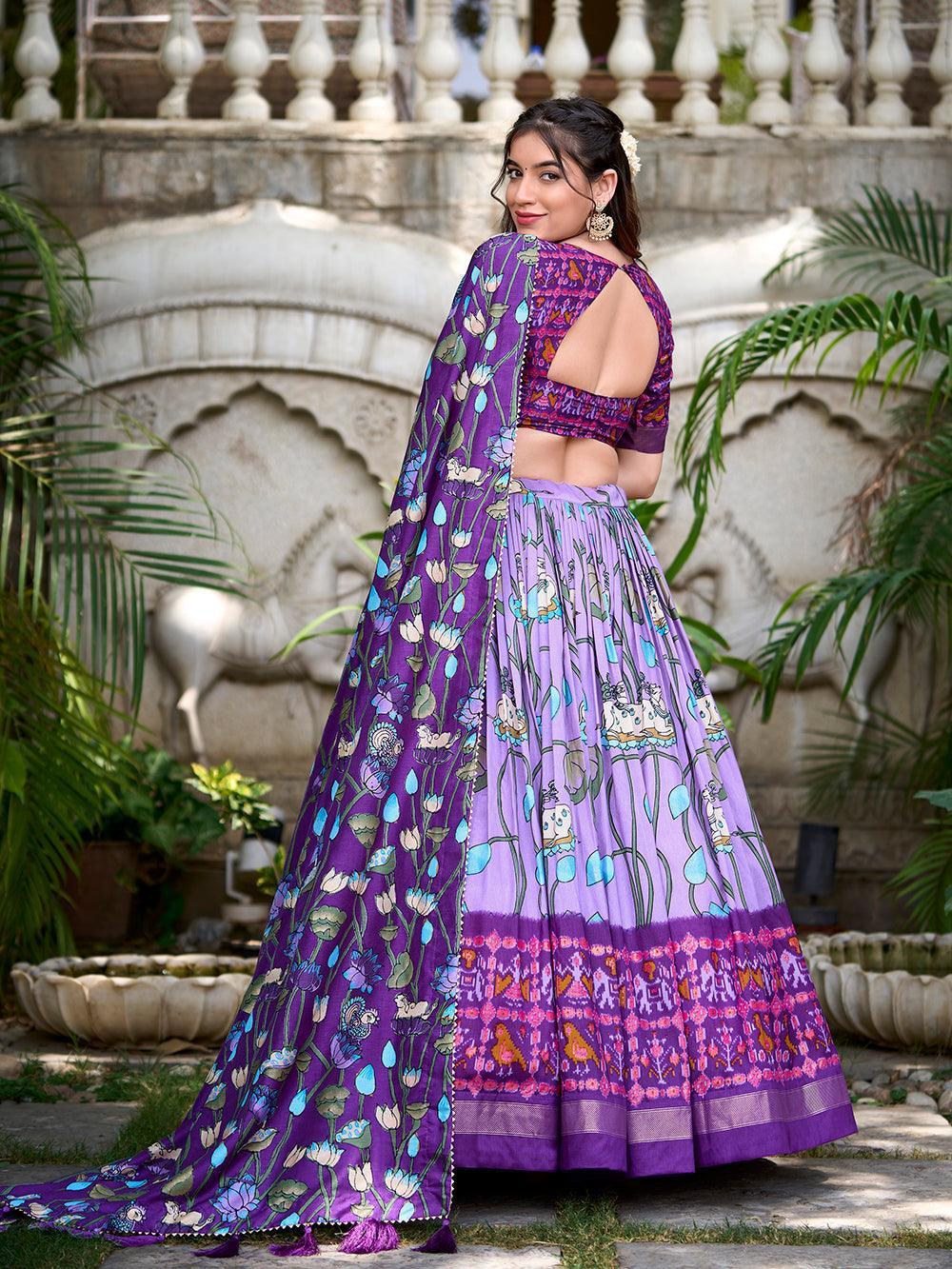 Lavender Color Pichwai With Patola Print And Zari Weaving Border Tussar Silk Lehenga Choli -south indian collection Unstitched / Semi-Stitched / Semi-Stitched women's fashion mart