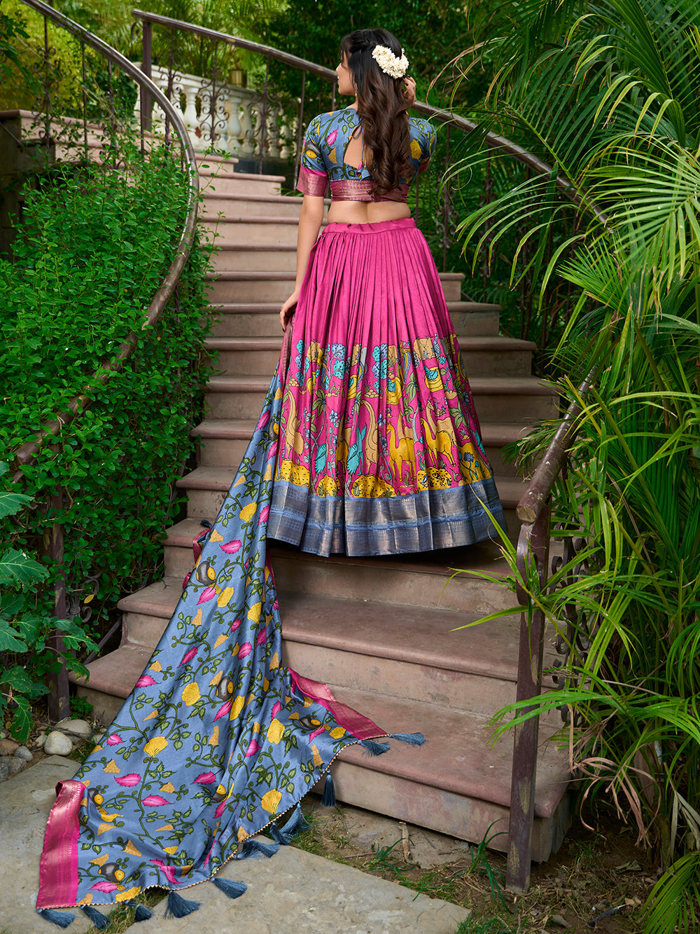 Pink Color Kalamkari Print With Zari Weaving Dola Silk South Indian Lehenga Choli - women's fashion mart