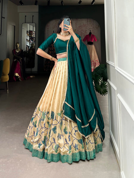 Teal Color Printed With Lace Green Silk Lehenga Choli - women's fashion mart