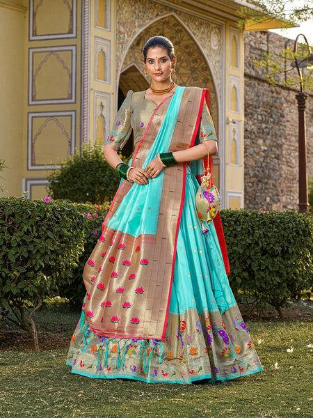 Sky Blue Color Jacquard Silk (Paithani) Weaving Zari Work Marathi Lehenga Choli - women's fashion mart