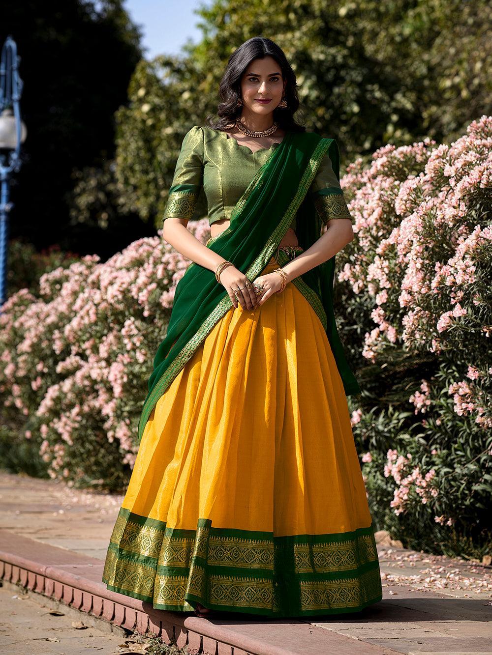 Yellow Color Zari Weaving Work Kanchipuram Haldi Lehenga Choli -lehenga choli for women Unstitched / Semi-Stitched women's fashion mart