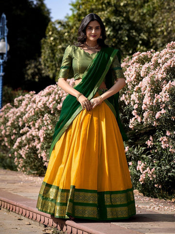Yellow Color Zari Weaving Work Kanchipuram Haldi Lehenga Choli -lehenga choli for women Unstitched / Semi-Stitched women's fashion mart