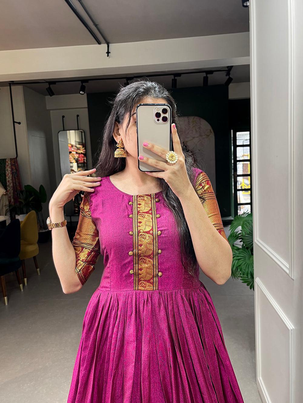 Pink Color Zari Weaving Work Narayan Pet (Cotton) Dress -long dress Free Size women's fashion mart