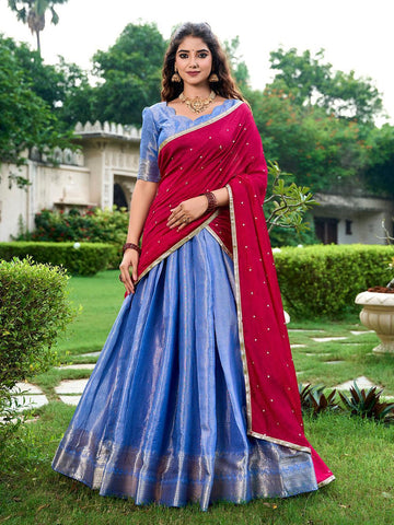 Royal Blue Color Zari Weaving Work Kanchipuram South Indian Lehenga Choli -Kanchipuram lehenga choli Unstitched / Semi-Stitched / Semi-Stitched women's fashion mart