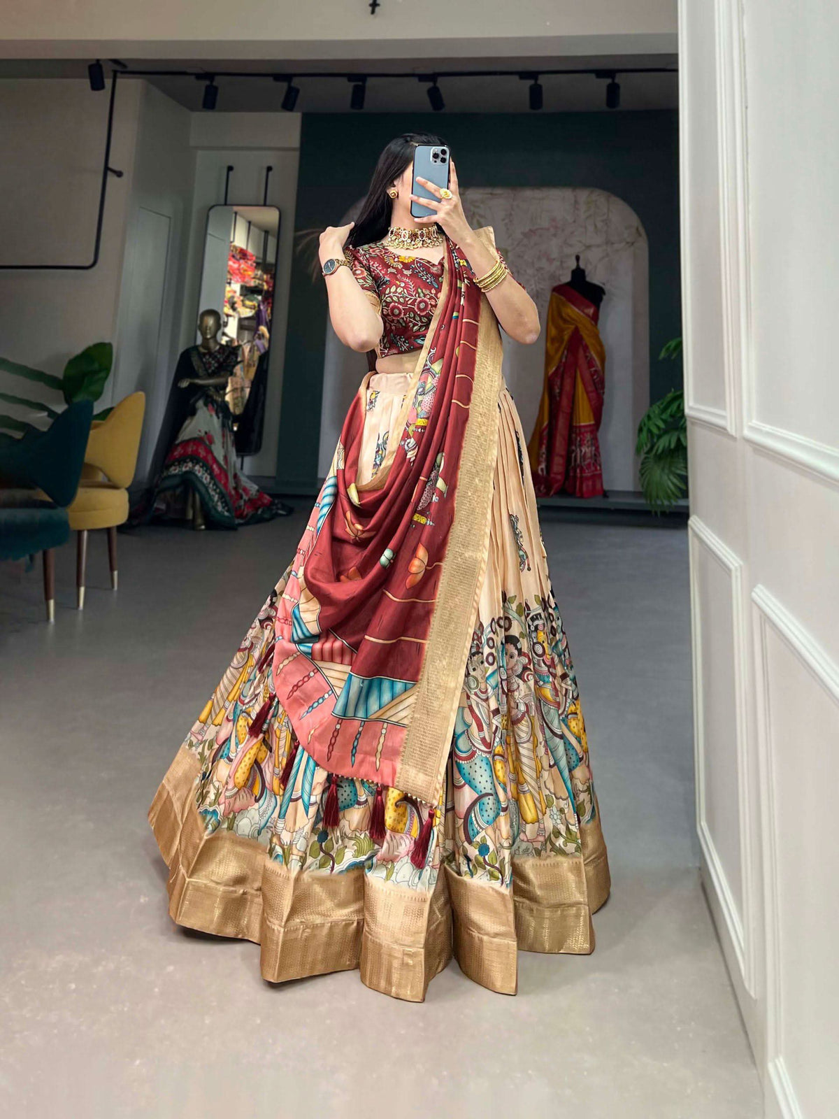 south indian Kalamkari Lehenga Choli -Lehenga Choli Beige women's fashion mart