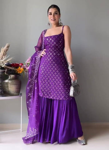 Spaghetti Style Purple Sharara Set -Salwar Kameez Purple / XS women's fashion mart