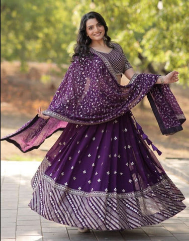 Spectacular Purple Faux Georgette Sequins Thread Embroidered Lehenga Set - women's fashion mart