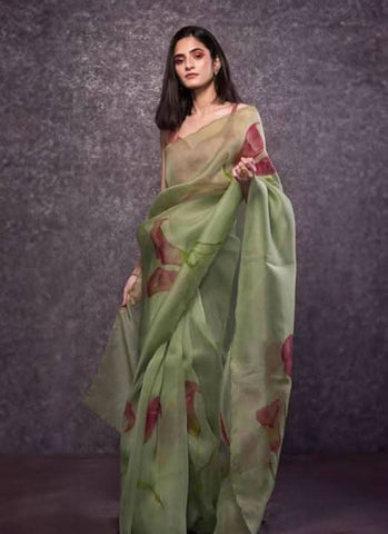 Splendid Pista Green Digital Print Casual Wear Organza Saree -Saree Semi Stitched women's fashion mart