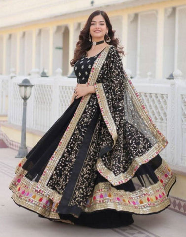 Stunning Black Faux Georgette Heavy Thread Sequins Embroidered Lehenga Choli Set -Lehenga Choli Semi Stitched women's fashion mart