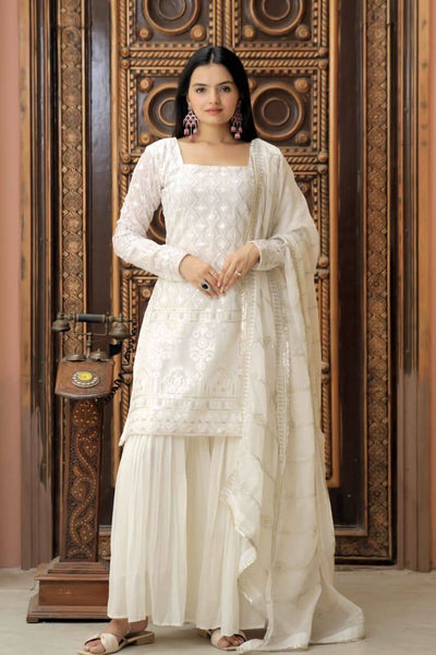 Stunning Faux Georgette Sequins Embroidered Top Sharara Set - women's fashion mart