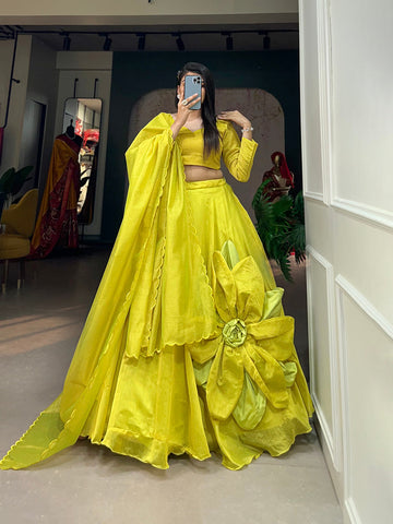 Parrot Color Hand Made Flower Rajwadi Chanderi Silk Lehenga Choli - women's fashion mart