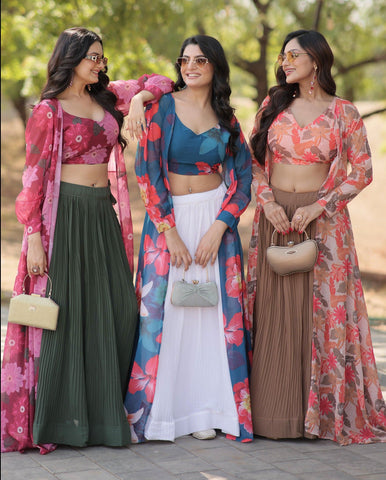 Stylish Crush Pleated Lehenga Choli Set With Floral Shrug - women's fashion mart