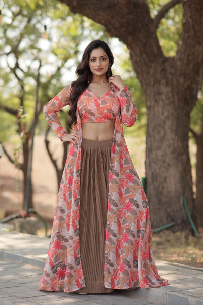 Stylish Crush Pleated Lehenga Choli Set With Floral Shrug - women's fashion mart