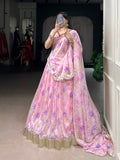 Baby Pink Color Floral Print With Embossed Design Tabby Silk Chaniya Choli