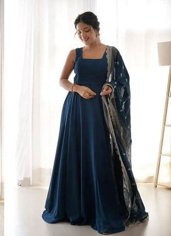 Teal Blue Gown with Zari Work in Georgette -Gowns Semi Stitched women's fashion mart