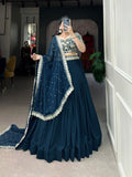 Teal Blue Georgette Sequins Thread Worked Lehenga Choli Set - women's fashion mart