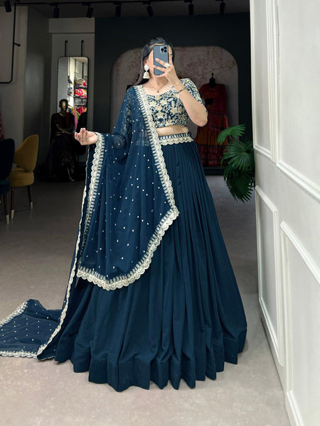 Teal Blue Georgette Sequins Thread Worked Lehenga Choli Set - women's fashion mart