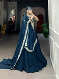 Teal Blue Georgette Sequins Thread Worked Lehenga Choli Set - women's fashion mart