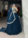 Teal Blue Georgette Sequins Thread Worked Lehenga Choli Set - women's fashion mart