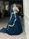 Teal Blue Georgette Sequins Thread Worked Lehenga Choli Set - women's fashion mart