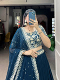 Teal Blue Georgette Sequins Thread Worked Lehenga Choli Set - women's fashion mart