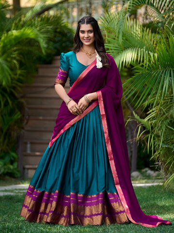 Teal Color Zari Weaving Work Cotton Lehenga Choli - women's fashion mart