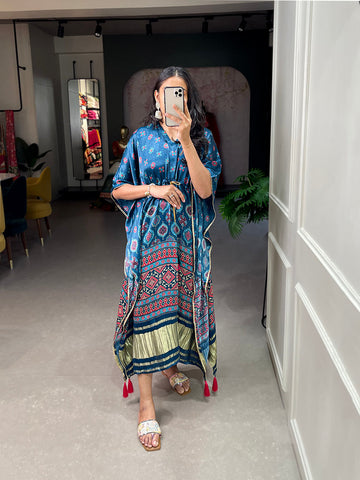 Teal Color Digital Print With Gotta Patti Lace Border Gaji Silk Kaftan - women's fashion mart