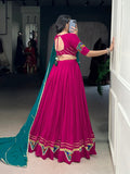 Pink Color Gamthi Work With Embossed Design Rayon Chaniya Choli