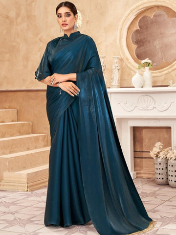Teal Color Jimi Silk Plain Saree.